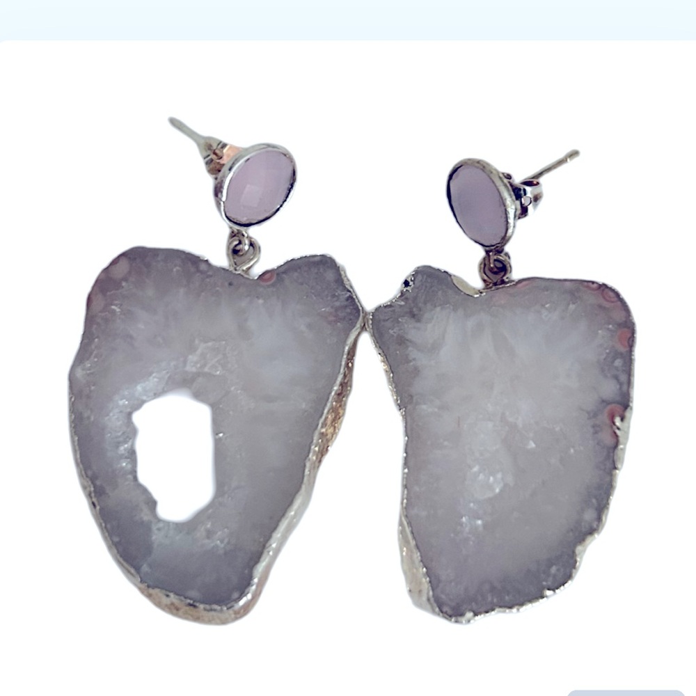 Pink agate slice stone silver earring .925 beautiful!! New